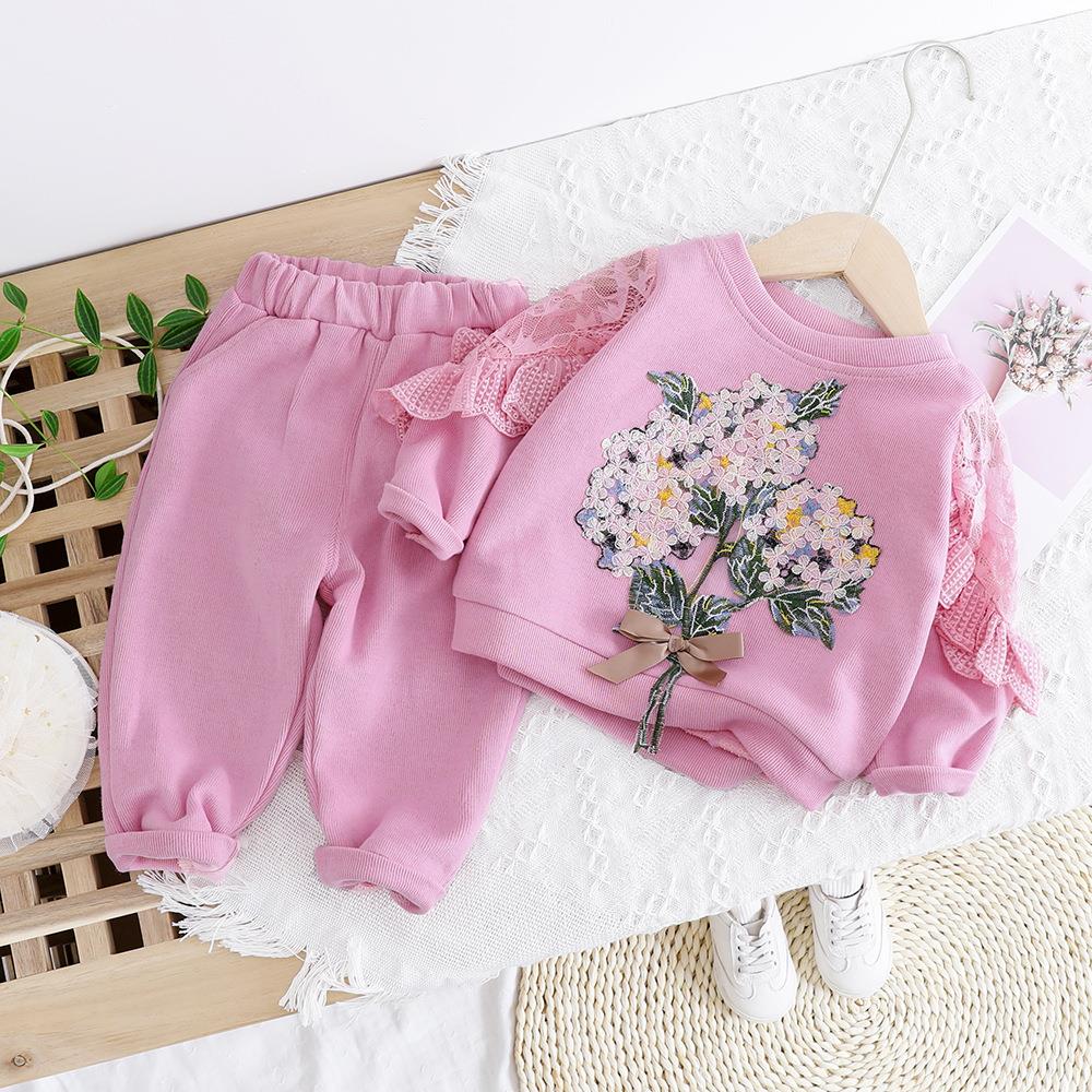 A682 Spring-fall girl clothes 1234-year-old baby embroidered lace two sets of spring color upscale child suit