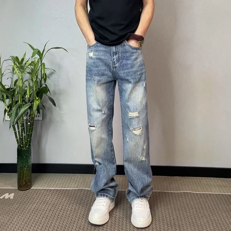 Spring and Summer New Vintage Blue Casual American Retro Ripped Straight-Leg Jeans Washed and Distressed Loose Ripped Long Pants