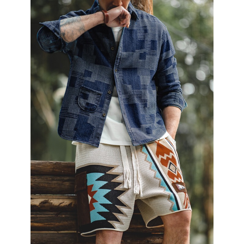 Madden Workwear American Retro Navajo Knitted Floral Shorts Hawaiian Ethnic Style Beach Mid-Length Shorts for Men Summer