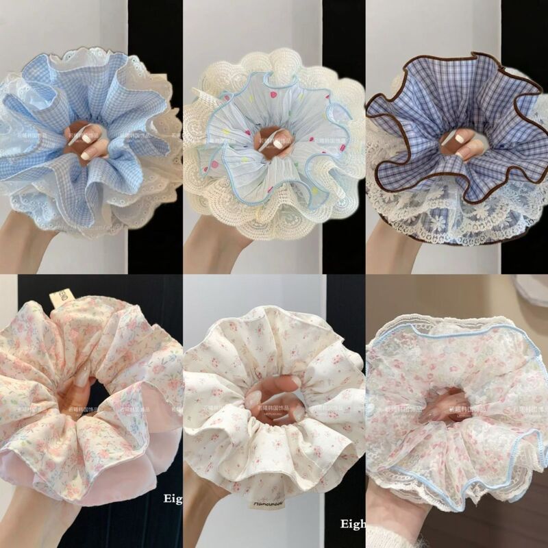 Springtime Super Fairy Korean Style Floral Lace Scrunchie for Women, Sweet and Lazy Bun Hair Accessory, Extra Large Hair Tie