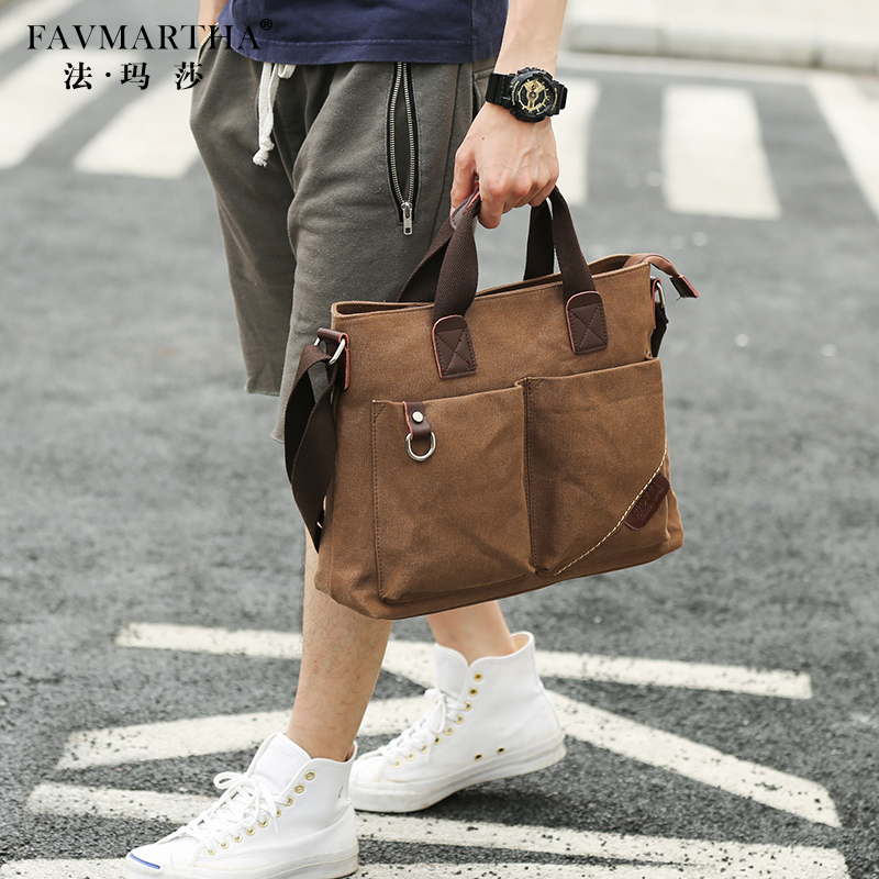 Men's trend business business trip canvas handbag leisure single shoulder slope bag multi-function briefcase backpack male bag