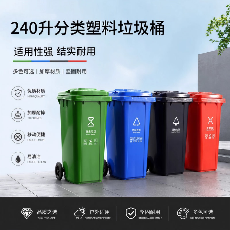 Chengdu Outdoor Classification Trash Can 240L Large Plastic Commercial Sanitation Trailer Community Municipal Special Trash Can Chengdu Outdoor Classification Trash Can 240L Large Plastic Commercial Sanitation Trailer Community Municipal Special Trash Can