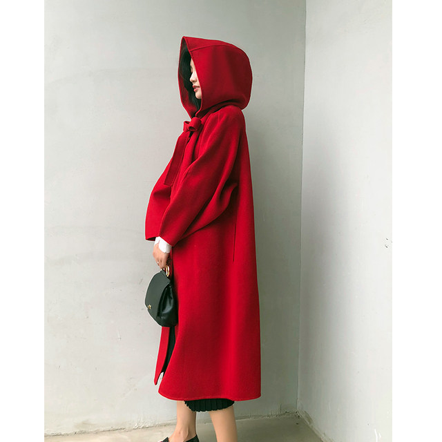 New Year's Red Cape Little Red Riding Hood Retro Accent Long Coat Double-sided Cashmere Wool Hooded Coat Women