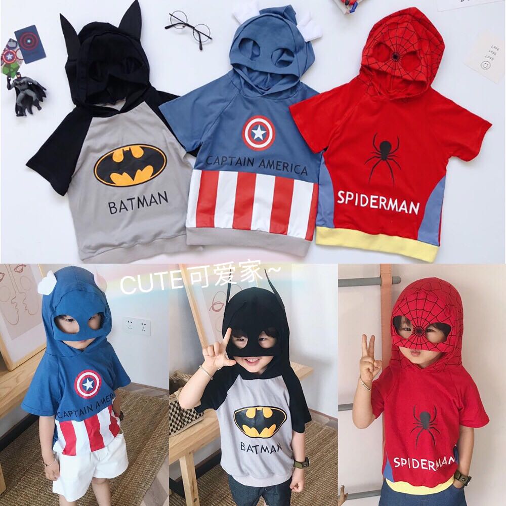 男の子用夏用子供用ヒーロー マーベル 漫画 フード付き 半袖 Tシャツ セーター トップス コットン スーパーマン バット パフォーマンス