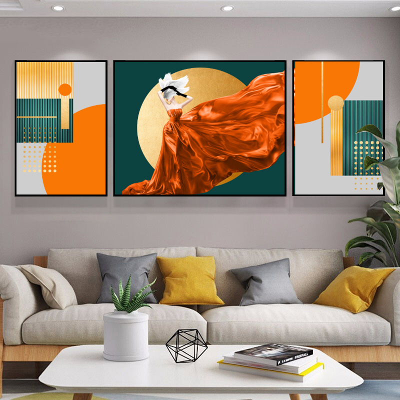 Crystal porcelain painting living room decoration painting modern minimalist Nordic style orange light luxury sofa background wall character triptych