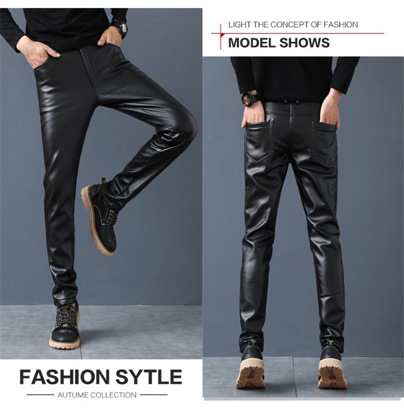Mùa thu đông PU quần da nam bó sát chân đàn hồi Slim Quần da xe máy Hàn Quốc cộng với nhung dày quần jean ống rộng nam