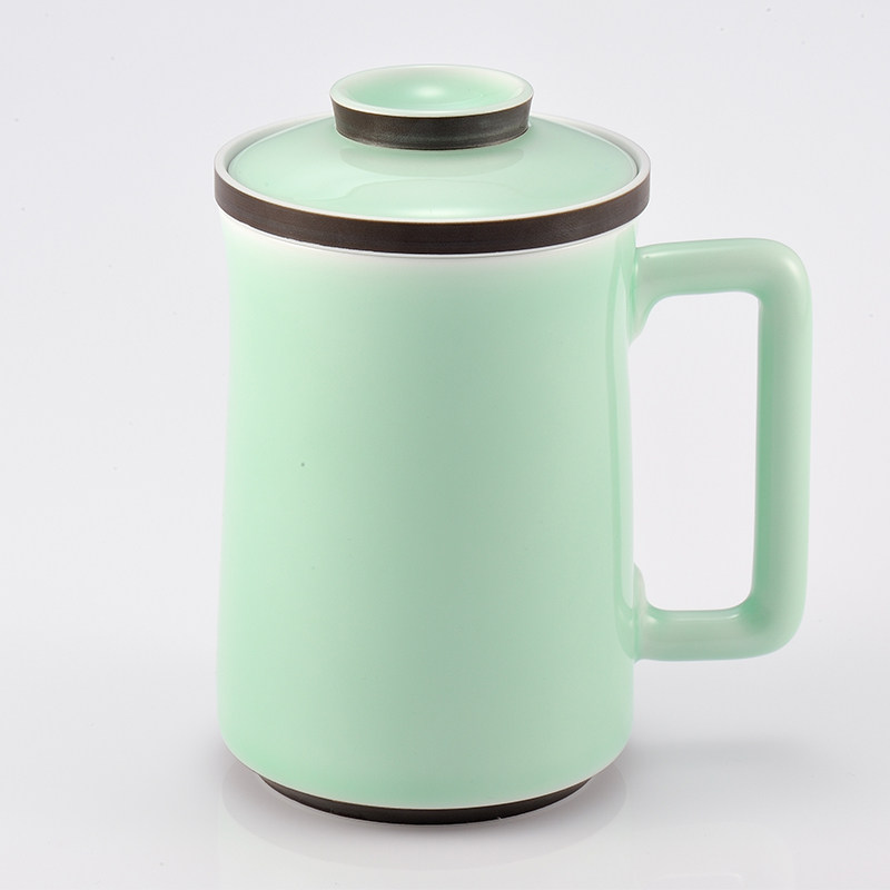 Ancient Wu kiln fire jade green ceramic with lid cup master cup large tea cup office household tea cup tea water separation cup