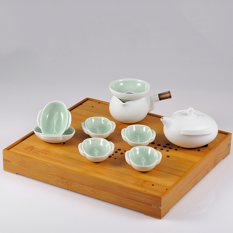 Ancient Wu kiln fire celadon ceramic tea set 1 pot 4 cups 6 cups Kung Fu tea set set expo gold award high-end gift