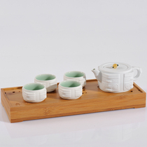 Guwu kiln fire ceramic celadon kung fu tea set one pot four cups gift gift tea set Liangzhu collection limited edition