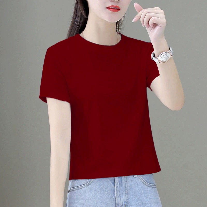 Ankora Red Short T-Shirt for Women, Summer Wear for Petite Figures, Regular Shoulder, Pure Cotton, Brightening and Slimming Top, Solid Color Base Shirt