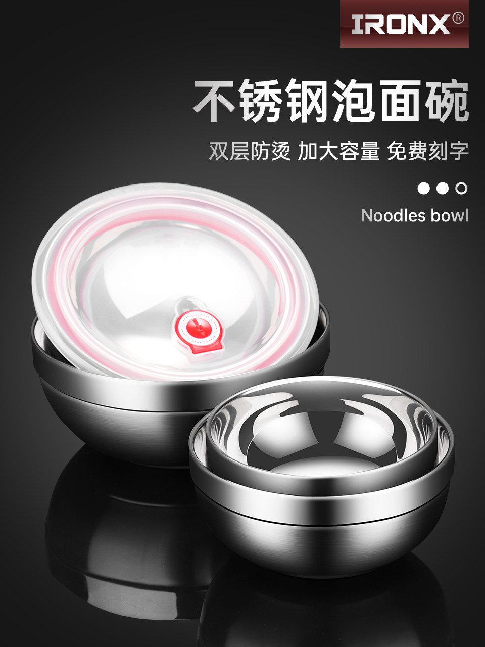 IRONX Large Capacity Instant Noodle Bowl with Lid 304 stainless steel Household single student dormitory bowl King size Rice bowl