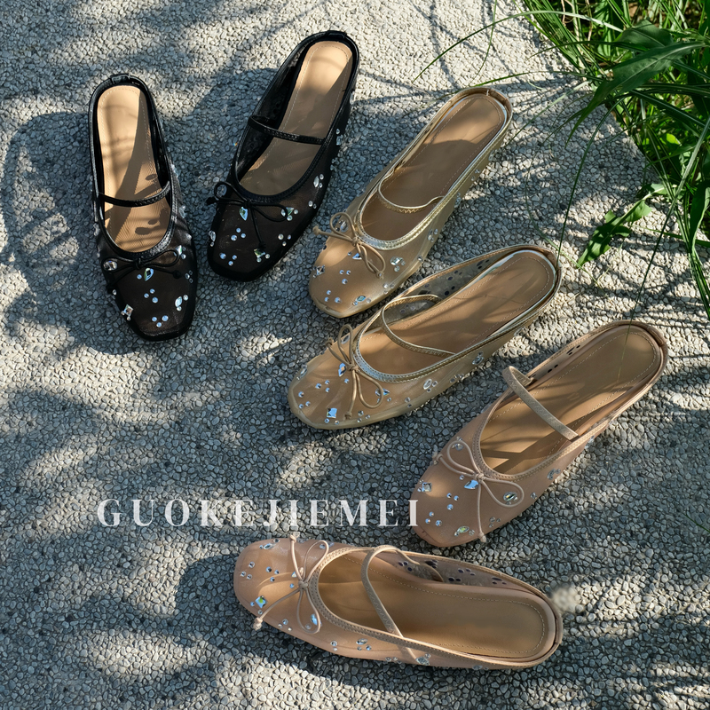 【Jellykk】4Cm French-Style Rhinestone Bow Mesh Summer Versatile Slip-On Fashion Sandals