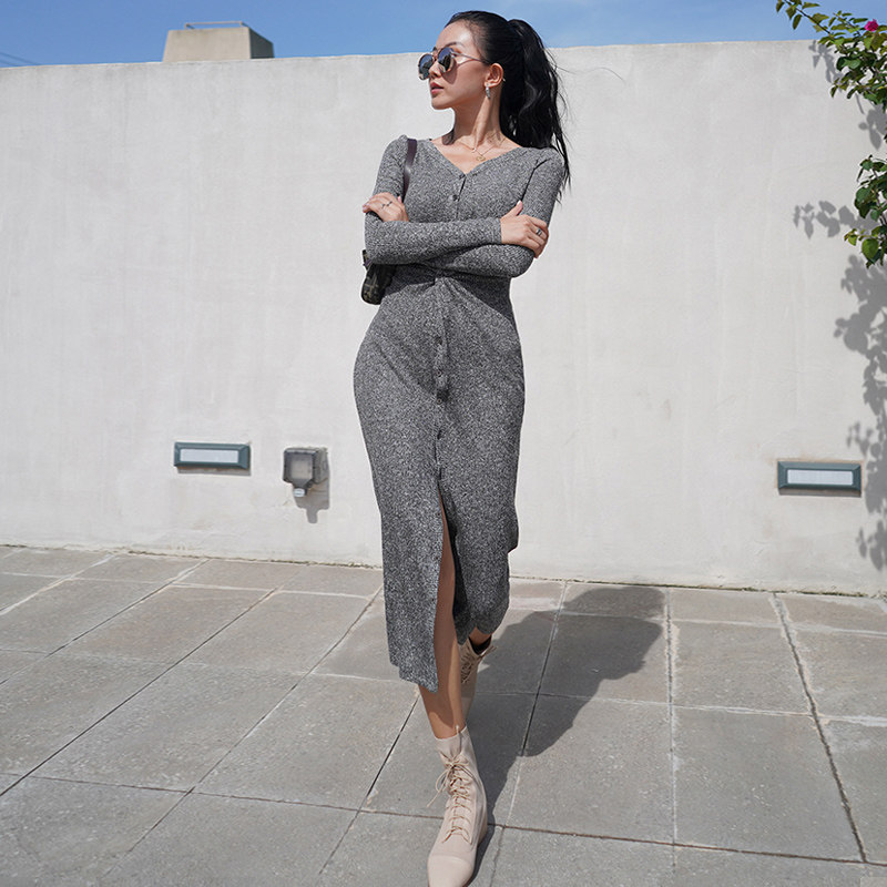 MOONA custom flower gray long-sleeved dress in spring and autumn with slits and slim fit in Europe and America