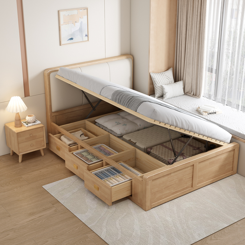Solid Wood Bed 1.335m Small Apartment Single/Double Bed 1.5m1.8 Air Pressure Side Full-Opening Drawer High Box Storage Bed