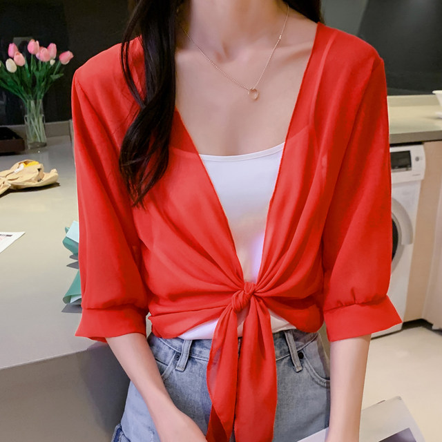 Small shawl with suspender skirt summer short sunscreen clothing women's all-match chiffon air-conditioning cardigan thin coat