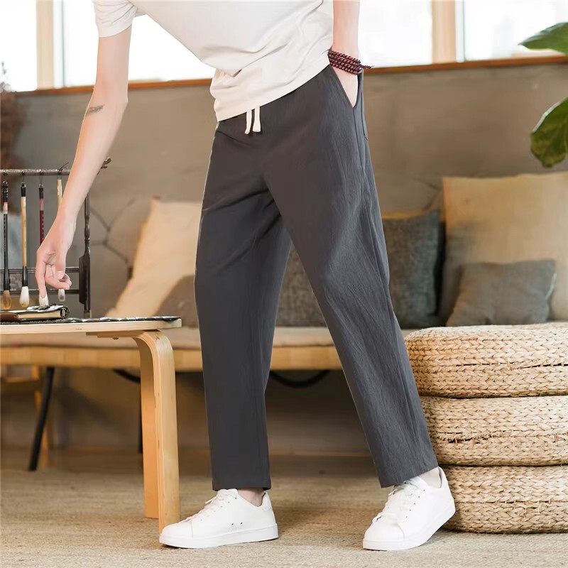 Kuraishi Kazuki Trendy Brand Summer Thin Linen Chinese Style Cropped Pants for Men, Loose Fit Versatile Straight Casual Pants Long Pants