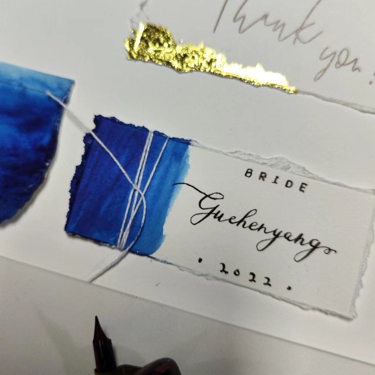 Wedding name card handwriting card handwriting card retro card card Cline blue hand tore cotton paper seat card