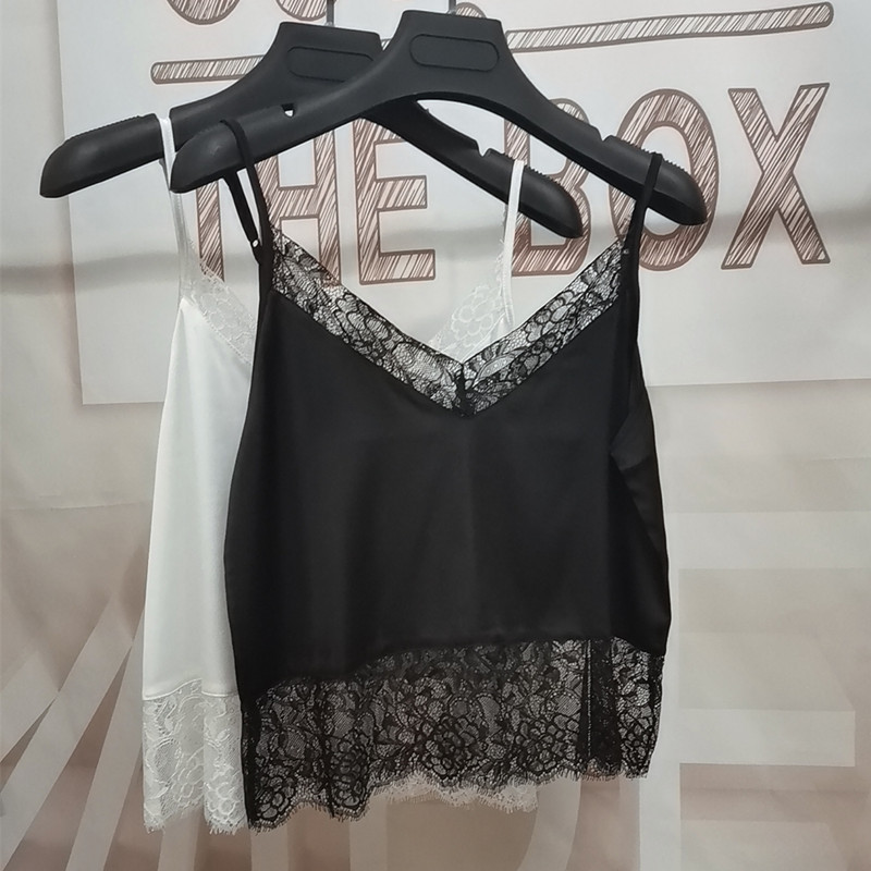Silk Camisole for Women, Summer V-Neck, Sexy Eyelash Lace, Hollow-Out Design, Beautiful Back, Inner Layer for Suits, Short Top