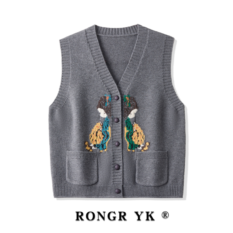 V-Neck Knitted Vest for Women, Spring and Autumn Cartoon Pattern Layered Vest, Loose Sleeveless Sweater Cardigan, Outerwear Vest V-Neck Knitted Vest for Women, Spring and Autumn Cartoon Pattern Layered Vest, Loose Sleeveless Sweater Cardigan, Outerwear Vest