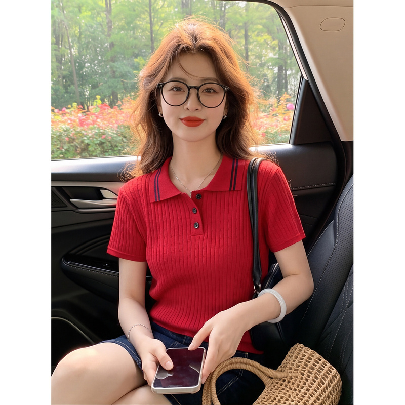 American Retro Cable-Knit Polo Collar Short-Sleeve Slim-Fit Red T-Shirt for Women in Autumn