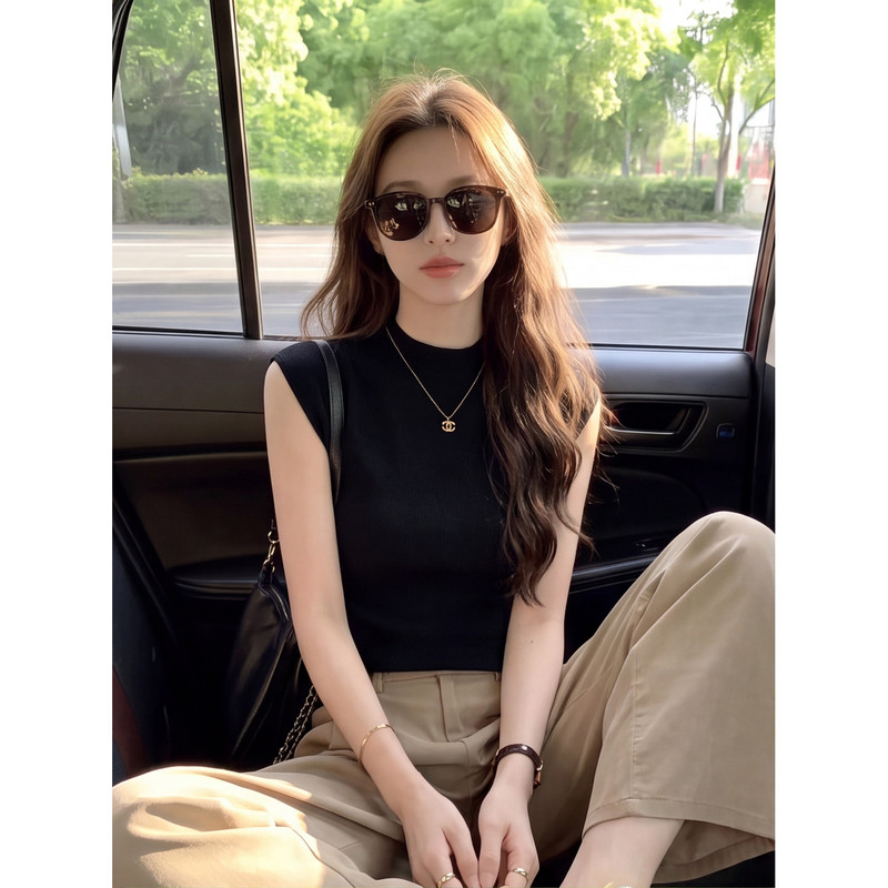American Style Spicy Girl Black Half-High Collar Sleeveless T-Shirt for Women, Summer 2026 New Style with Small Flutter Sleeves, Inner Layer Top