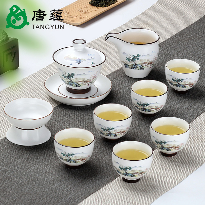 Household white porcelain tureen tea set the teapot kung fu large jade jingdezhen porcelain cups three cup fat white bowl