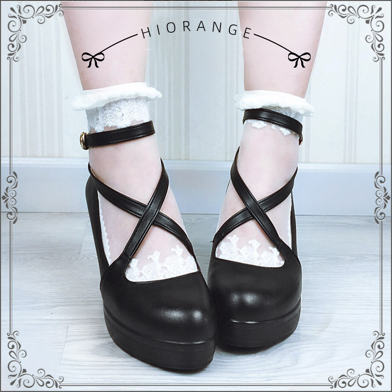 Big Orange Round-Toe Japanese Lolita Cross-Ankle Strap Chunky Heel Soft Girl Single Shoes Lolita High Heels