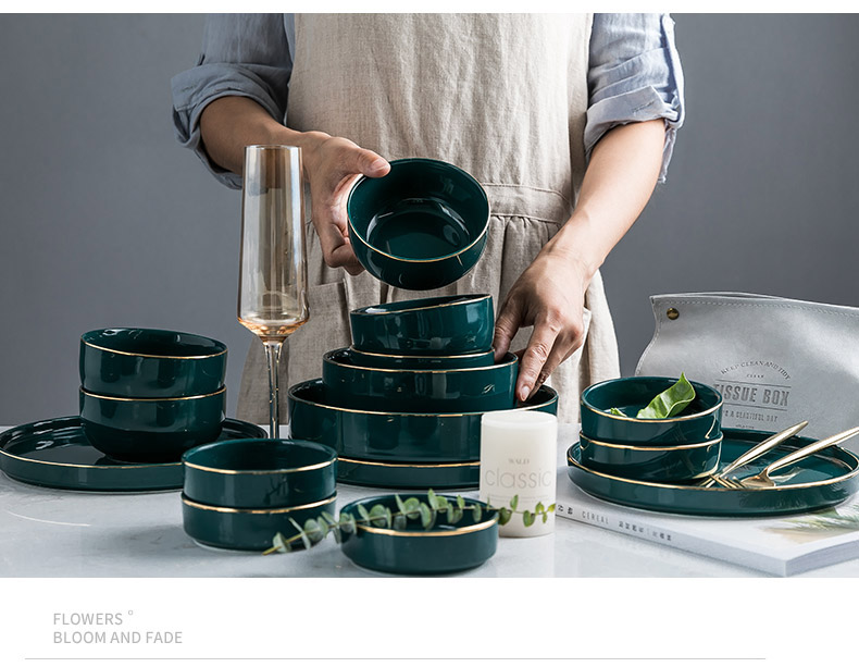 The dishes suit rice bowl chopsticks dishes home creative move web celebrity ins Nordic light key-2 luxury emerald ceramic tableware