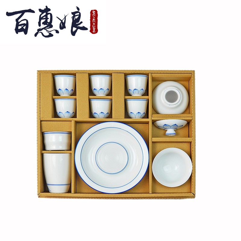 (niang hand lotus white porcelain teacup tureen of a complete set of kung fu tea set of blue and white porcelain ceramic home office