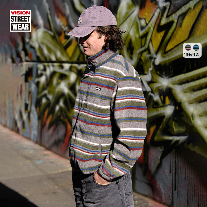 Vision Official American Retro Style Stand-Up Collar Cardigan Fleece Stripesd Jacket for Men and Women, New Autumn Style in 2 Colors