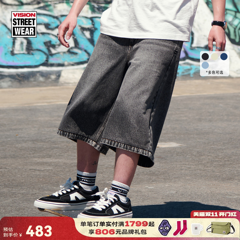 Vision Official American Street Style West Coast Loose Retro Light-Colored 7-Point Denim Mid-Length Shorts over the Knee
