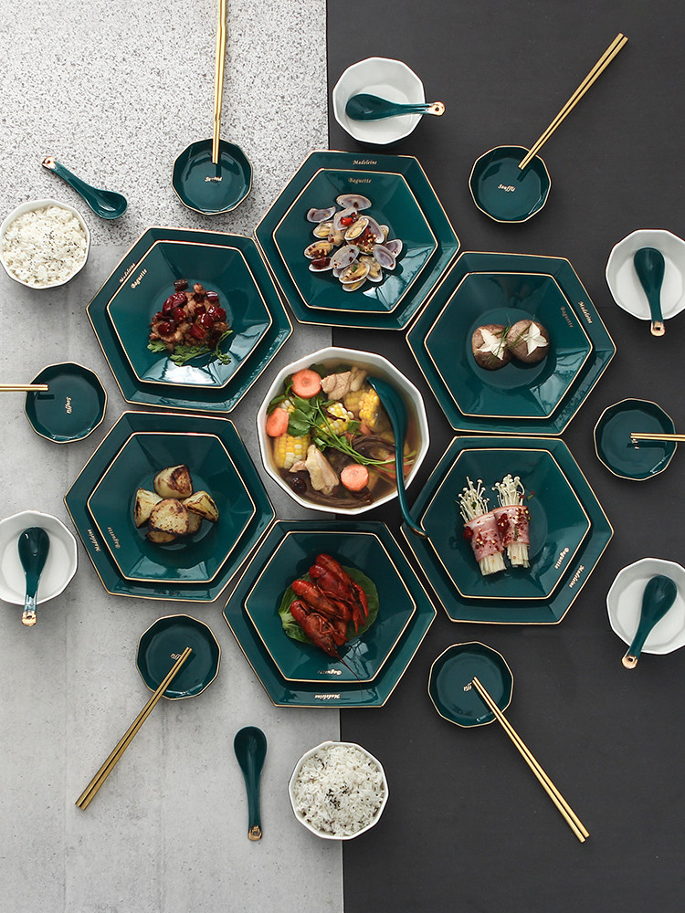 Creative platter tableware set Bowl dish dish set Plate Round table reunion tableware set Hexagonal household plate