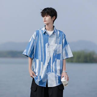 Summer Color-Block Ice Silk Short-Sleeve Shirt for Men, Large Size Casual Versatile Shirt Jacket, Hawaiian Half-Sleeve Top