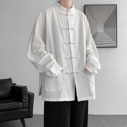 Летняя мужская куртка, ханьфу, рубашка, комплект, короткий рукав, китайский стиль, большой размер