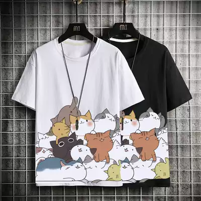 Summer Tide brand short sleeve T-shirt men's loose cotton half sleeve T-shirt fat man big size men's cat clothes