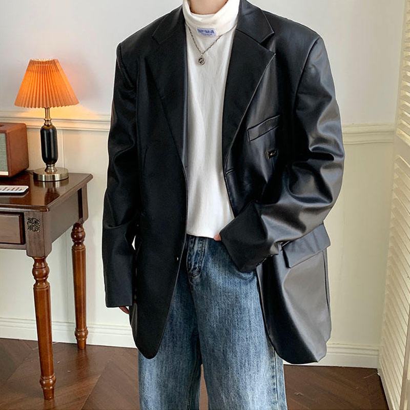 Black Lapel Leather Suit Jacket for Men, Spring and Autumn, Cleanfit Trendy Brand Suit, High-End Stylish Leather Jacket Black Lapel Leather Suit Jacket for Men, Spring and Autumn, Cleanfit Trendy Brand Suit, High-End Stylish Leather Jacket