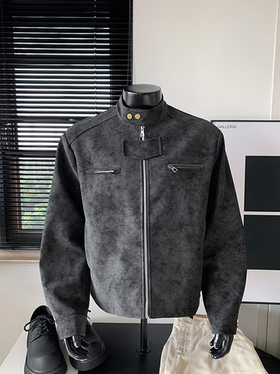 Black Tie-Dye Pu Leather Jacket for Men, Autumn and Winter Heavy-Duty High-Street Fashion Brand Stand-Collar Thickened Warm Coat