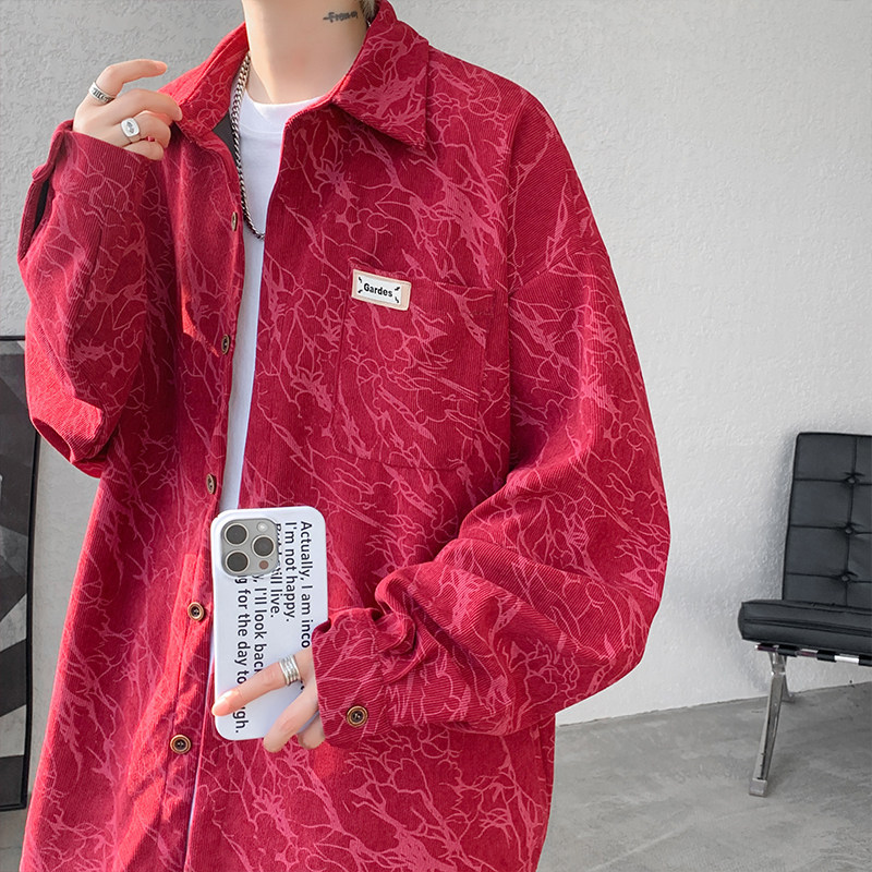Burgundy Heavy Corduroy Shirt for Men, Long-Sleeved, Stylish Striped Tie-Dye Shirt, Autumn Loose-Fitting Plus-Size Jacket
