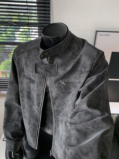 Black Tie-Dye Pu Leather Jacket for Men, Autumn and Winter Heavy-Duty High-Street Fashion Brand Stand-Collar Thickened Warm Coat