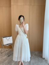 French square collar white dress 2021 summer new thin temperament bubble sleeve Medium-length dress