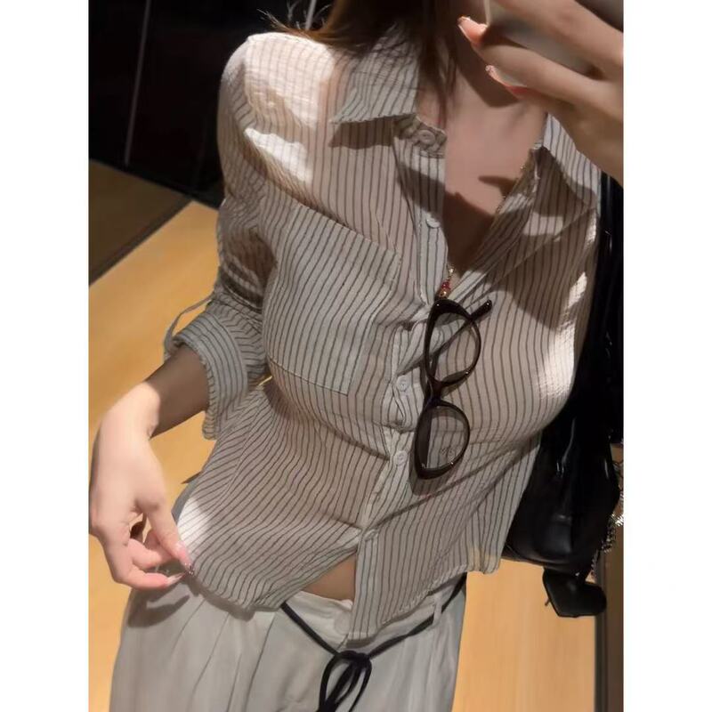 High-Quality Old Money Style Versatile Striped Short Shirt for Women, Waist-Cinching and Slimming, Slightly Sheer and Thin for Summer