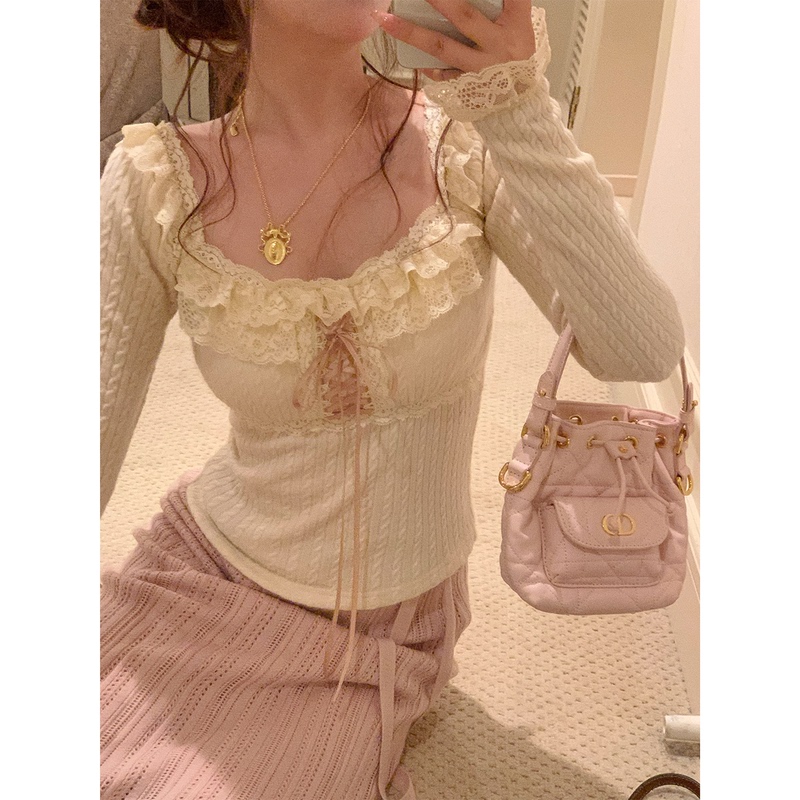 Lisaph/See You in Winter Lace Ruffle Square Neck Jacquard Knit Long Sleeve with Chest Pads for Layering Lisaph/See You in Winter Lace Ruffle Square Neck Jacquard Knit Long Sleeve with Chest Pads for Layering