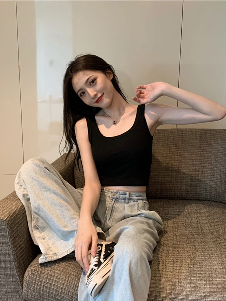 Chao brand early autumn new U neck small camisole women's short black outer wear tight navelless sleeveless underlay