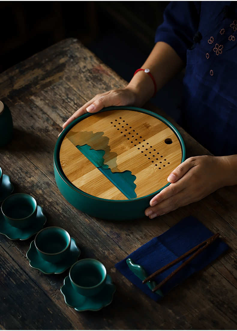 ShangYan ceramic tea tray household saucer plate of Japanese water type circular bamboo small tea table dry terms plate of kung fu tea set