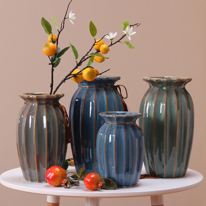 Yongyue Home Swing Accessories Ceramic Vase Exposure Vertical Stripe Blue New Chinese Table Face Decoration Furnishing Floral