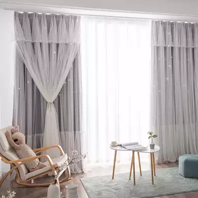 Finished curtains shading bedroom living room star net red princess style Nordic simple double-layer gauze floating curtains girl heart