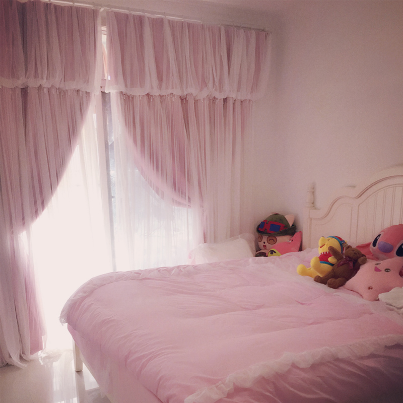 New Pink Princess Wind Shading Curtains Finished Living Room Bedrooms Nordic Brief Teenage Girl Hearts Mesh Red and Double
