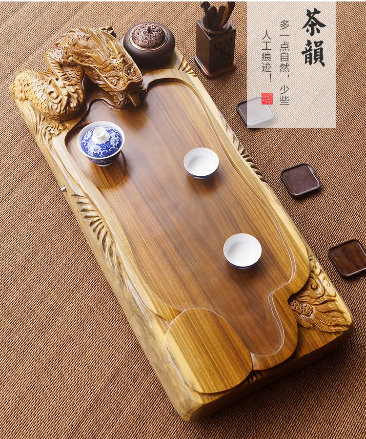 Green, sandal wood tea tray, the whole piece of solid wood home tea trumpet tea sea dragon carved its tea tray