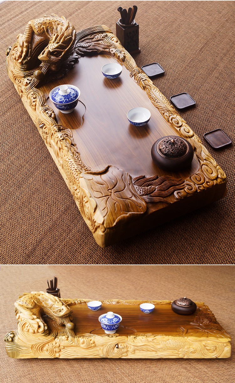 Green, sandal wood tea tray, the whole piece of solid wood home tea trumpet tea sea dragon carved its tea tray