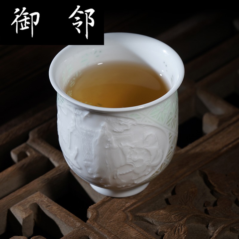 Jingdezhen tea set high half white clay ceramic knife green heap shadow carving delicate and exquisite hollow out fragrance - smelling cup masters cup